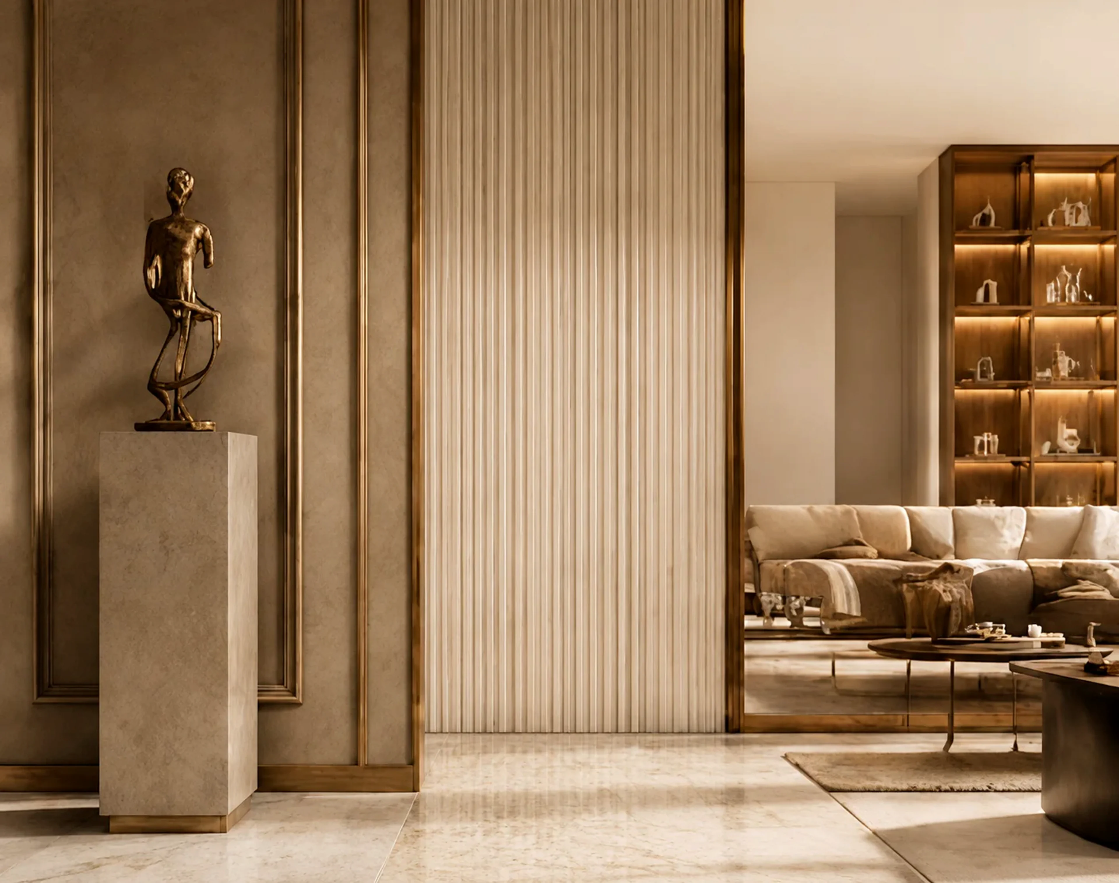 Refined interior passage with fluted panels, sculpture, and a warmly lit living room