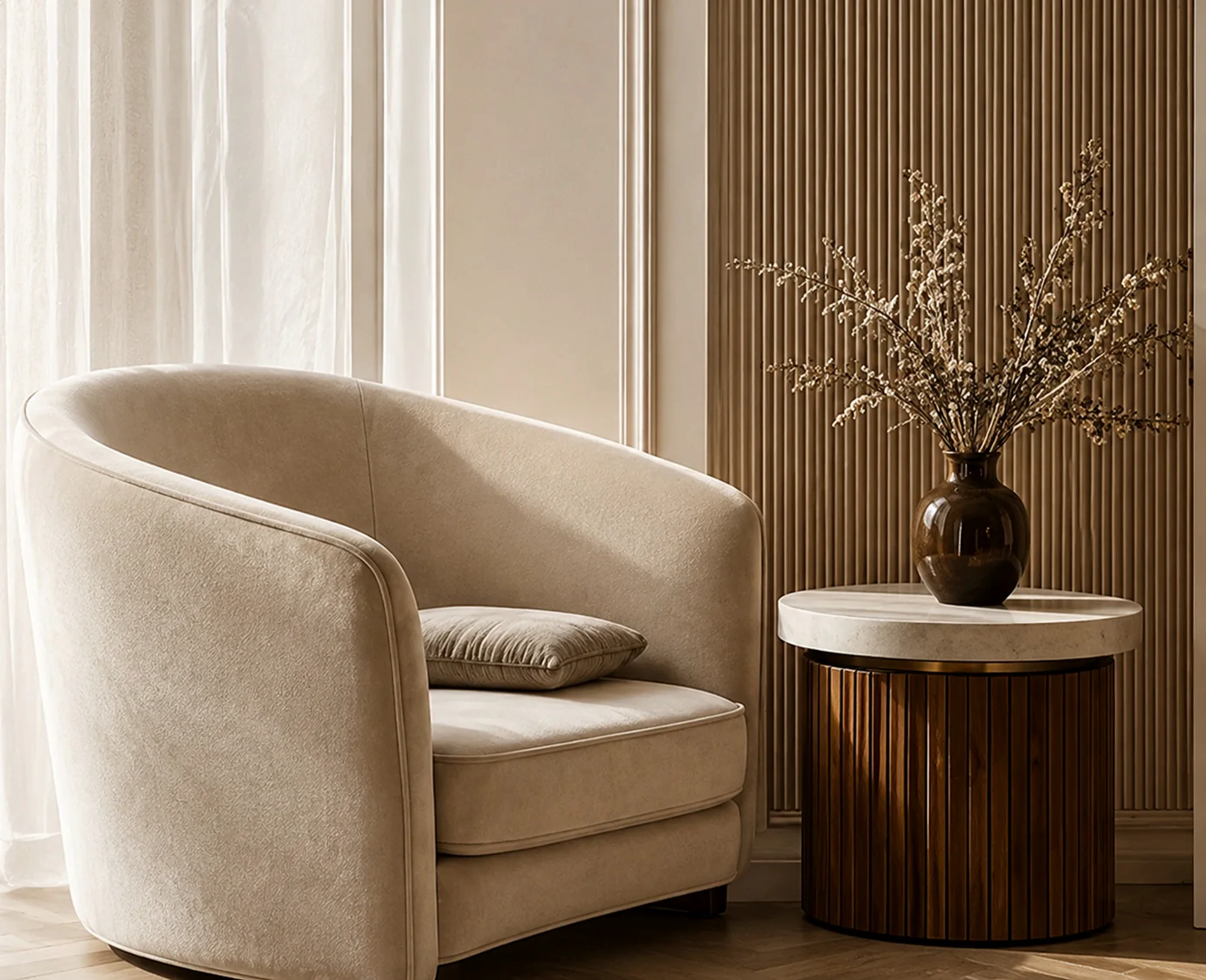 Quiet upholstered chair beside a marble and timber table with a floral arrangement