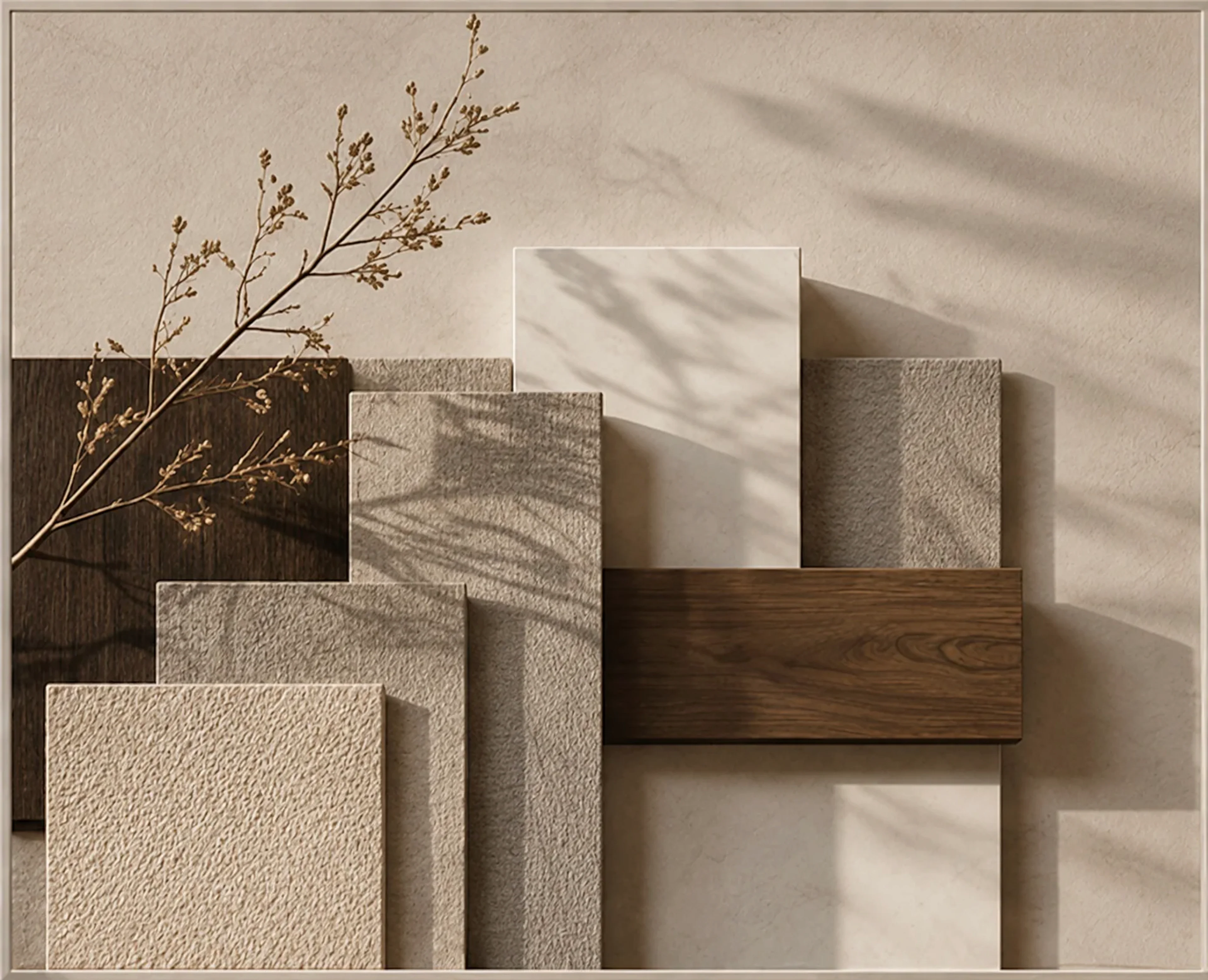 Warm material palette with textured stone, plaster, timber, and dried botanicals