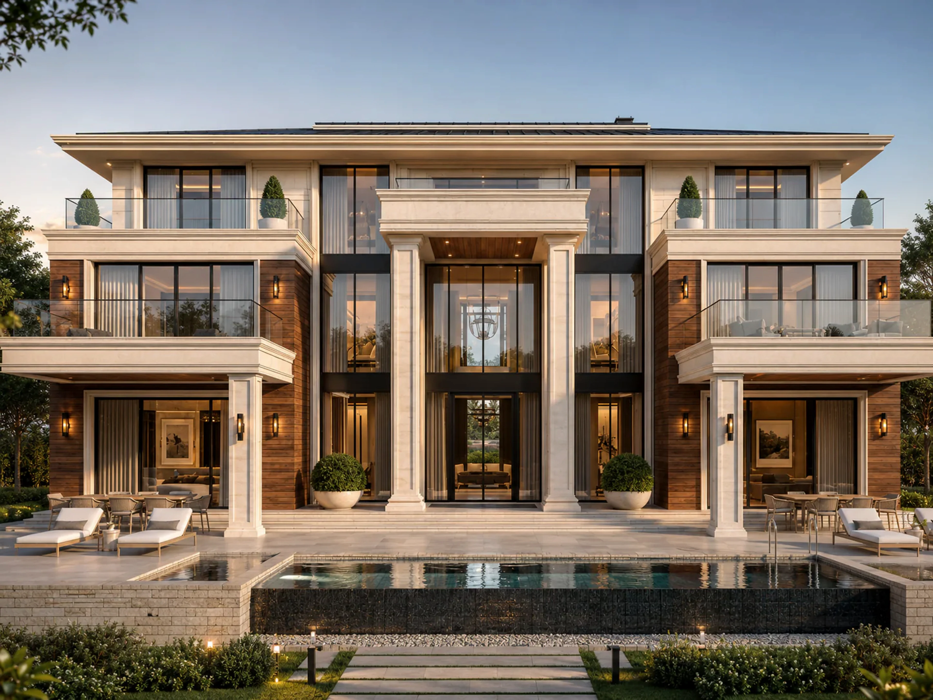 Luxury villa exterior with classical stonework, timber cladding, glass balconies, and pool terrace