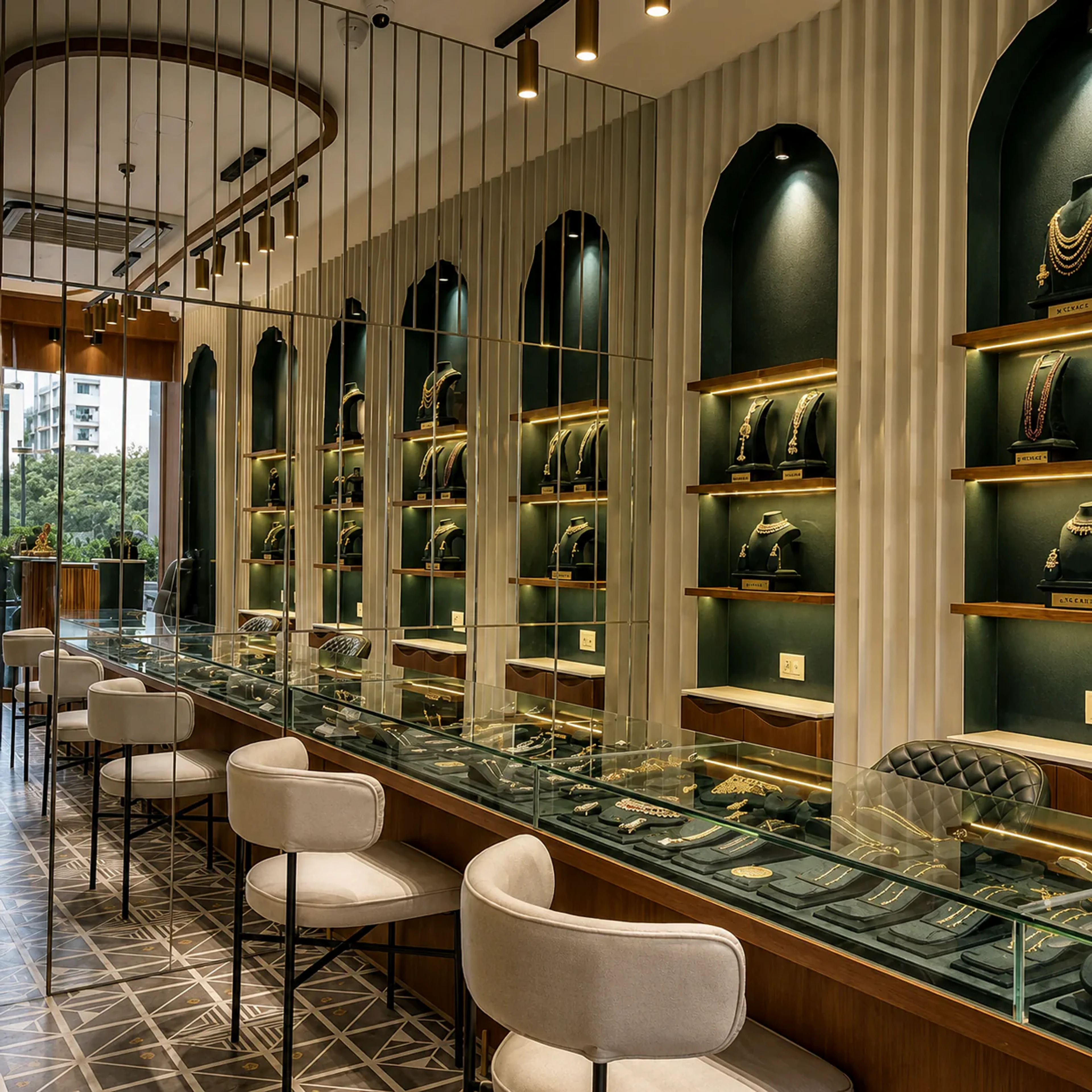 Luxury jewellery showroom with green display niches and mirror detailing