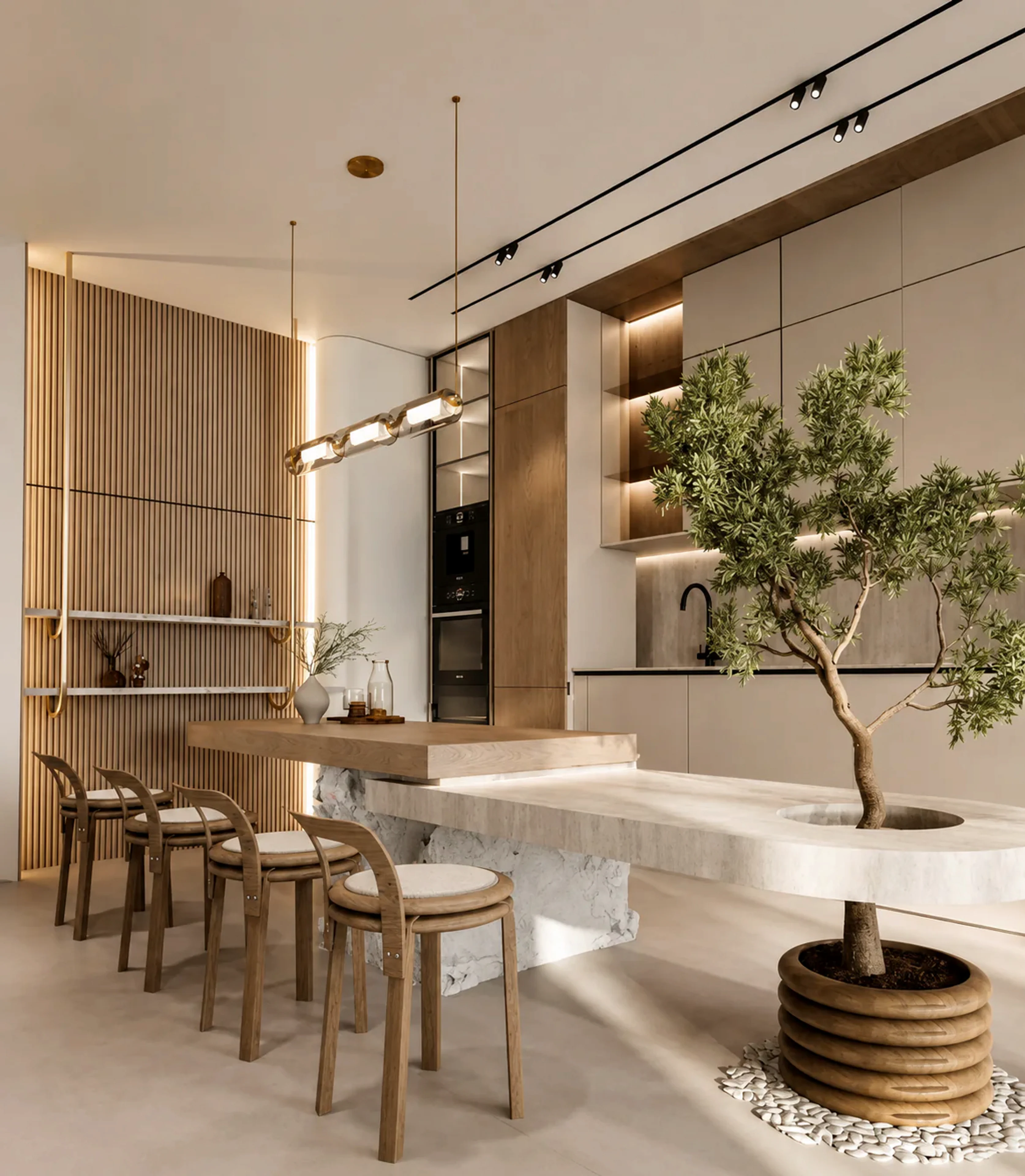 Warm kitchen and dining interior with sculptural tree island and timber details
