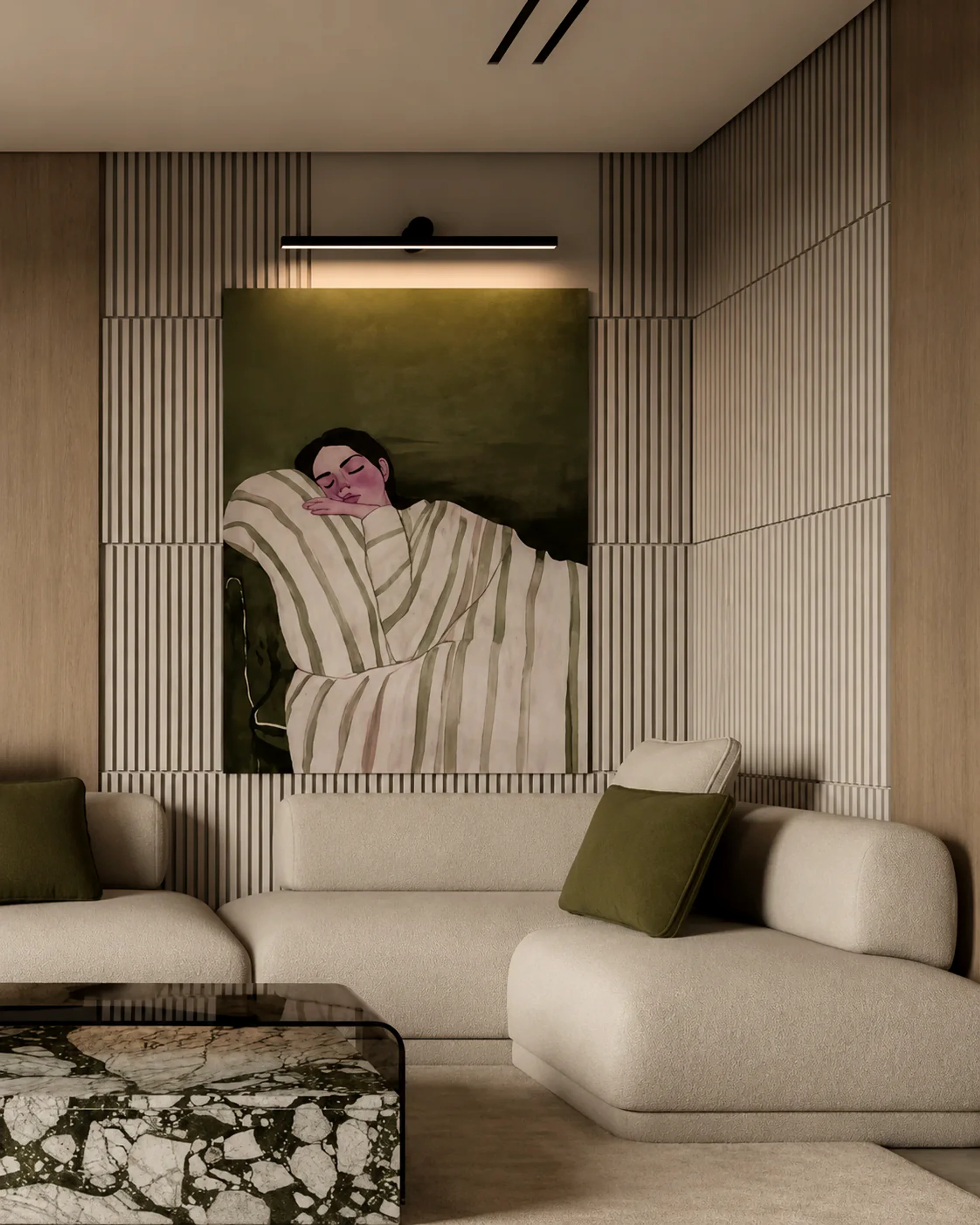 Warm residential lounge with artwork, ribbed wall detailing, and soft seating