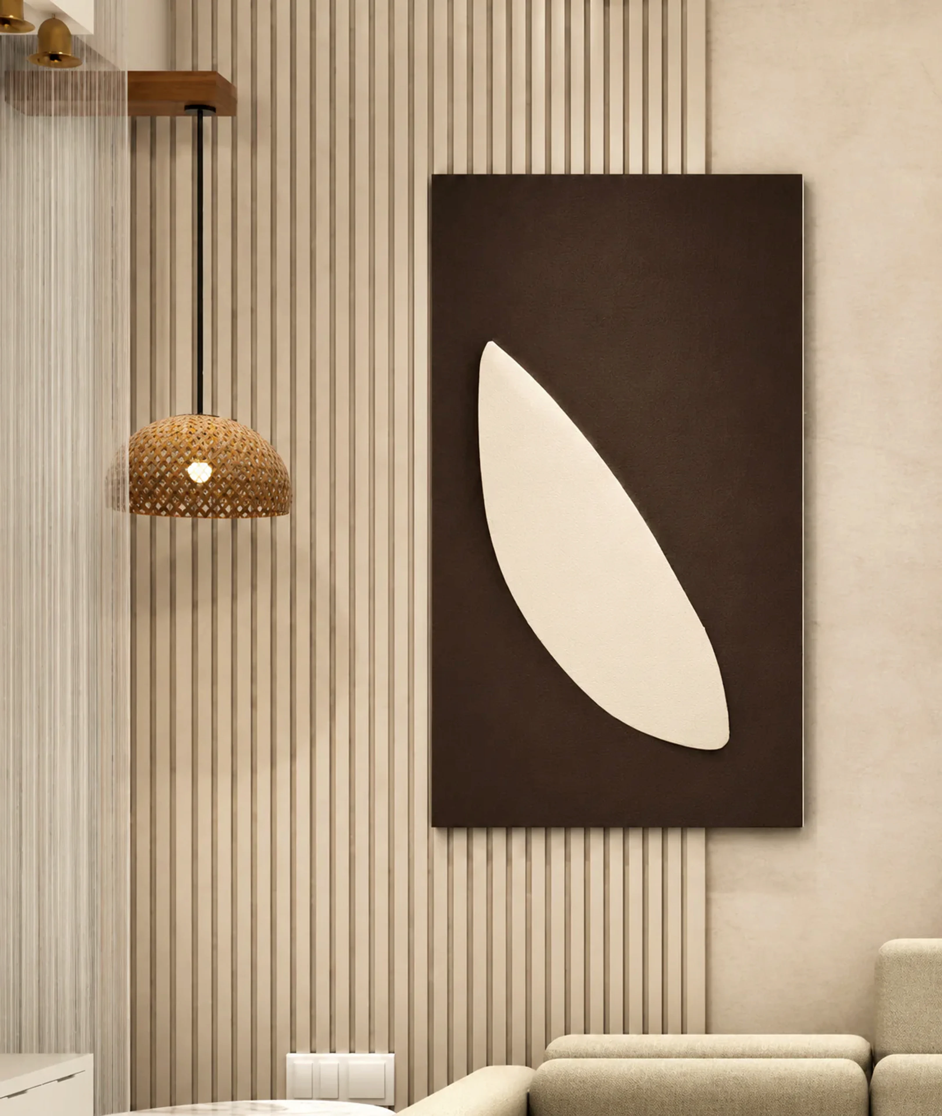 Interior wall detail with pendant light, textured panel, and soft seating